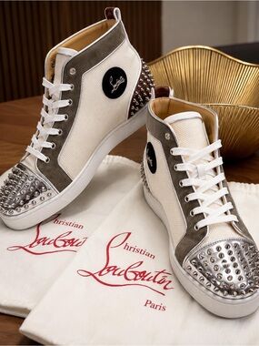 Christian Louboutin White & Taupe Studded High-Top Sneakers